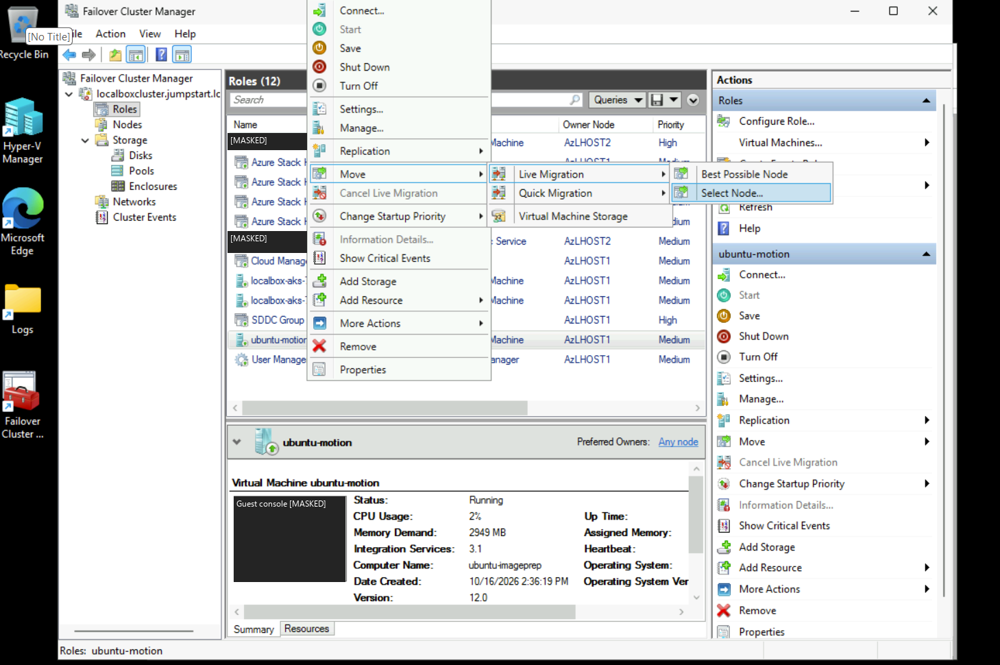 Redacted user screenshot of the Live Migration Select Node menu