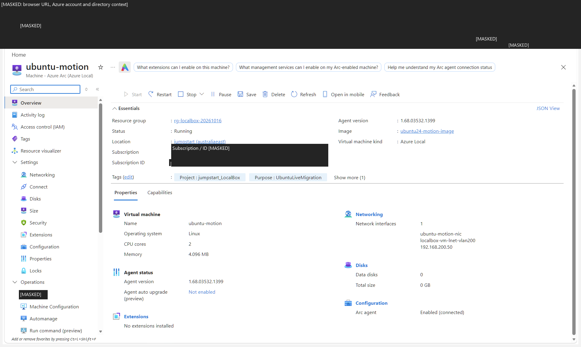 Redacted Azure portal view of the recorded Ubuntu VM on Azure Local